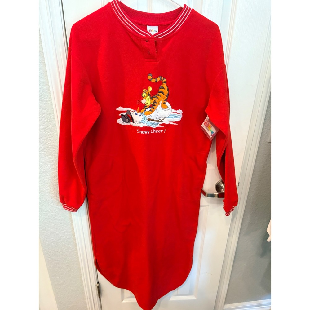 Disney Nightgown Red Tigger Snowy Cheer Fleece Long Sleeve Sleepwear NWT Small